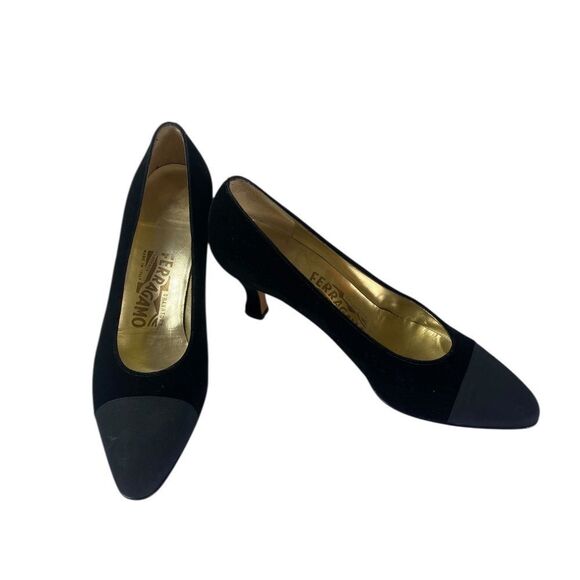 Ferragame 9B Black Pumps with kitten heel velvet w/silk toe - Picture 4 of 12